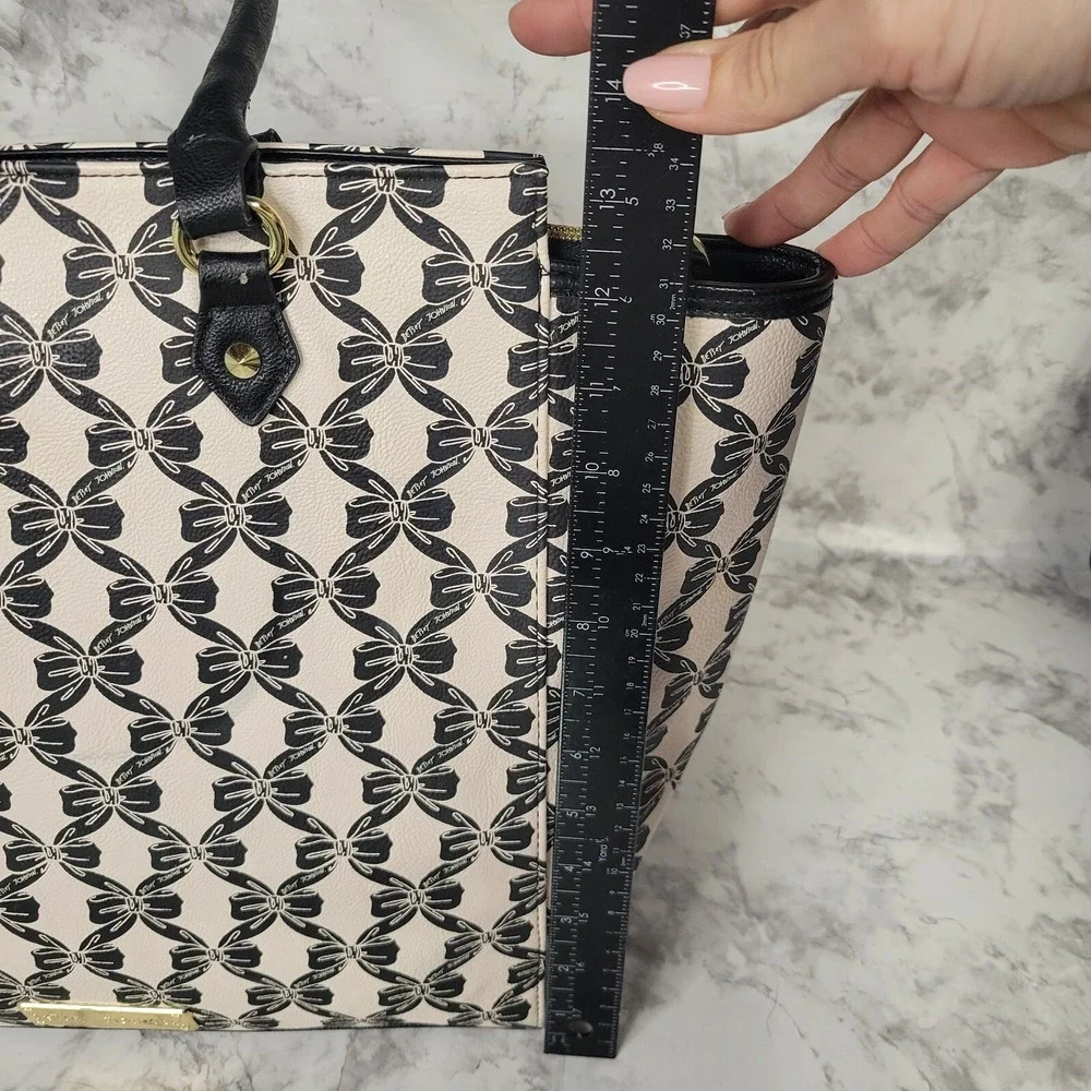 Betsey Johnson Bow Print Tote Bag Cream Black Gold Studded Large Shoulder Bag